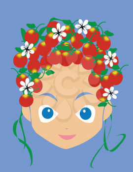 Royalty Free Clipart Image of a Girl's Face With Cherries and Flowers in her Hair