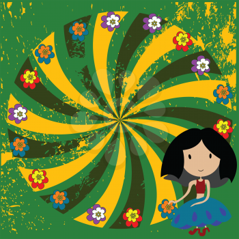 Royalty Free Clipart Image of a Little Girl Beside a Floral Wheel