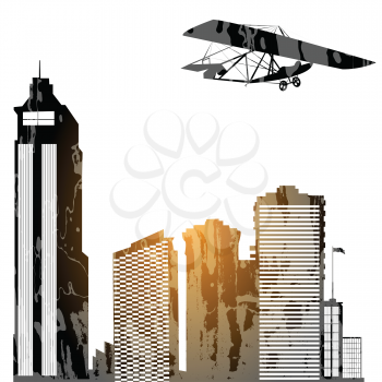 Royalty Free Clipart Image of a Vintage Glider Flying over Skyscrapers