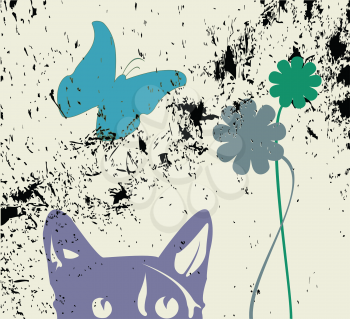 Royalty Free Clipart Image of a Cat Looking at a Butterfly on a Grungy Background