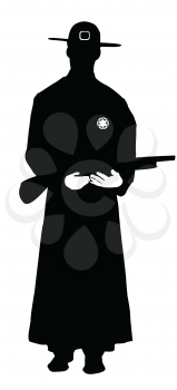 Royalty Free Clipart Image of a Man in a Long Coat Carrying a Shotgun