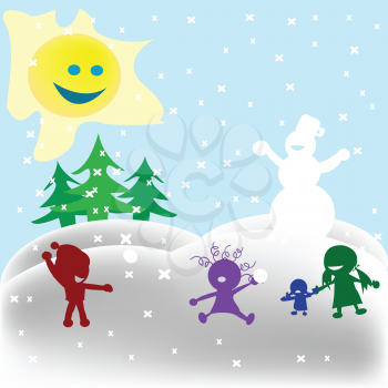 Ryalty Free Clipart Image of a Snowball Fight on a Sunny Winter Day