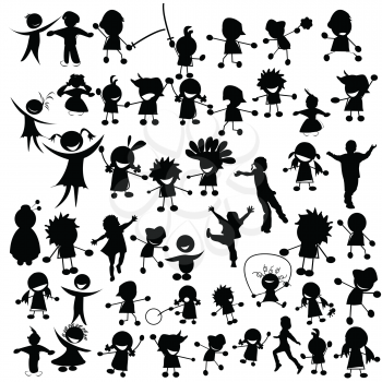 Royalty Free Clipart Image of a Group of Children Silhouettes in a Variety of Activities