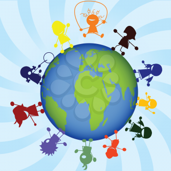 Royalty Free Clipart Image of a Children Happy Around the Globe