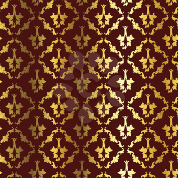 Royalty Free Clipart Image of a Golden Floral Motive Pattern on a Dark Red Backround