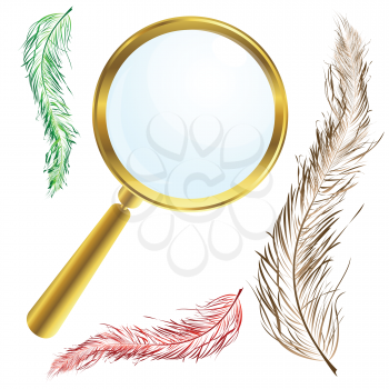 Royalty Free Clipart Image of a Golden Magnifying Glass With Vintage Feathers