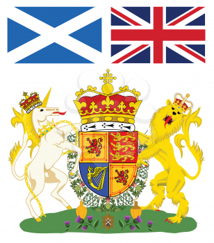 Royalty Free Clipart Image of the Scottish Coat of Arms With Flags at the Top
