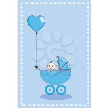A baby boy in a stroller with hearth shape balloon 