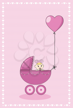 A baby girl in a stroller with hearth shape balloon 