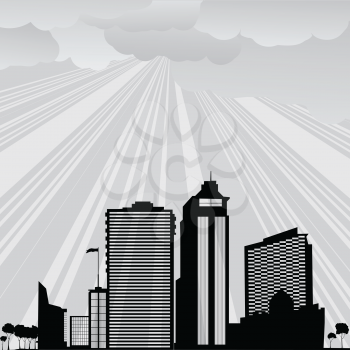 Background illustration with city and clouds in gray tones
