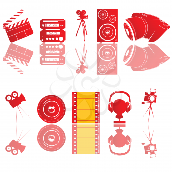 Multimedia icons in red tones over white background