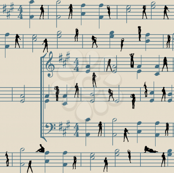Abstract music background, notes and silhouettes