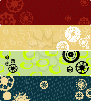 Four web banners or backgrounds with stylized gears. Highly detailed in various colors. 