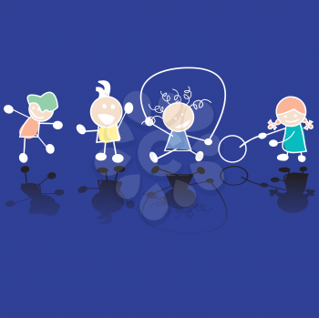 Chidren playing silhouettes over blue background