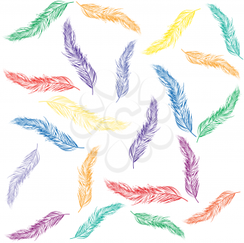 Colored feathers over white background