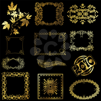 Design elements in gold against black background