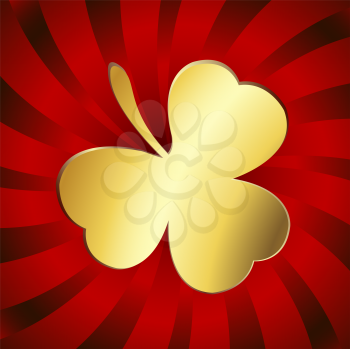 Royalty Free Clipart Image of a Golden Shamrock on a Red Striped Background