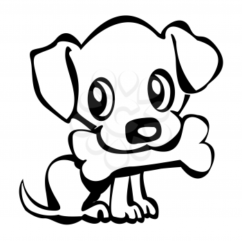 Puppy with bone, illustration in black and gray tones