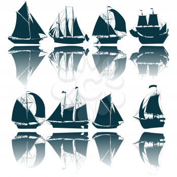 Sailing ship silhouettes collection over white background