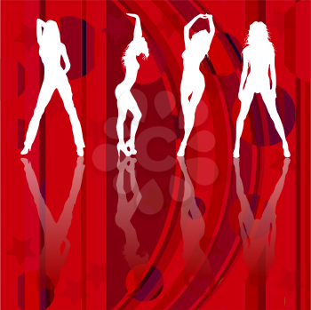 Silhouette of girls dancing on a disco background