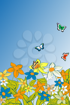 Summer composition with flowers and butterflies