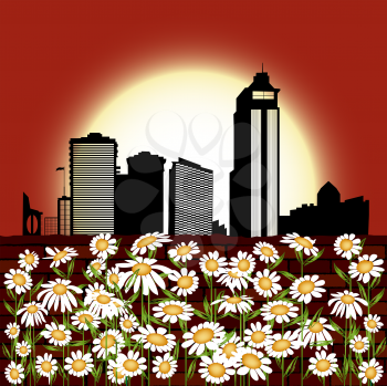 Urban background with sunset over skyscrapers silhouettes and floral bed