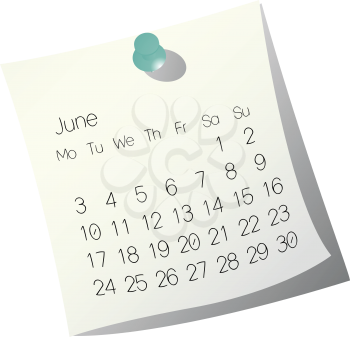 2013 June calendar on white paper