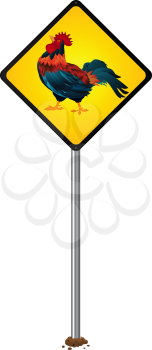 Attention proud rooster, stylized road sign, isolated object over white background