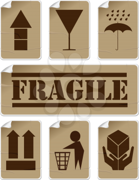 Fragile and safety badly glued stickers, isolated and grouped objects against white background