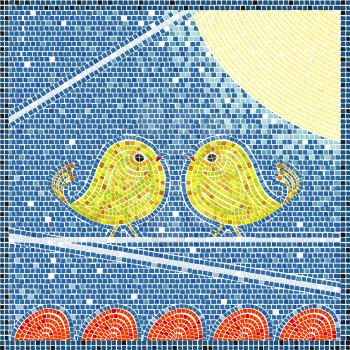 Two bird on a wire in the moon light, mosaic background