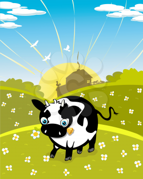 Cartoon graphic of cow on the meadow. 