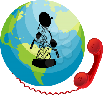 Red phone receiver connected to Earth. Conceptual communication icon