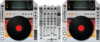 Realistic professional DJ mixer and turntables, isolated and grouped objects over white background. No mesh or transparencies used.
