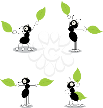 Directing traffic, conceptual cartoon action characters of ants dirrecting traffic with leaves. Isolated and grouped objects over white background.