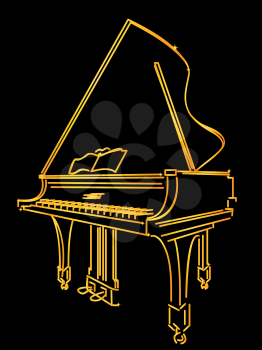 A golden piano stylized sketch over black