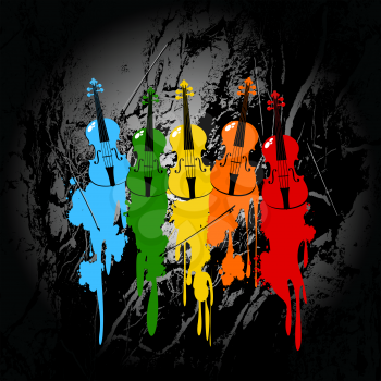Grunge background with colored violins and paint