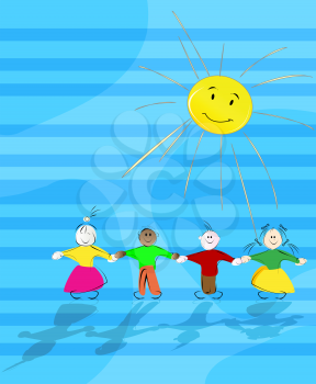 Cartoon children in the sun, abstract background illustration