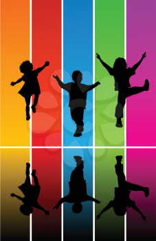 Jumping children silhouettes over a rainbow background