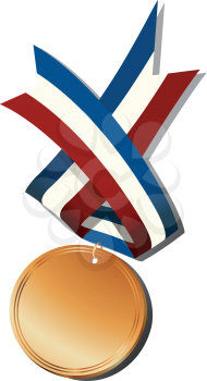 Realistic bronze medal and ribbon, isolated objects over white background