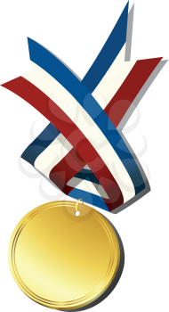 Realistic gold medal and ribbon, isolated objects over white background