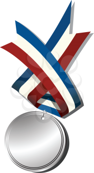 Realistic silver medal and ribbon, isolated objects over white background