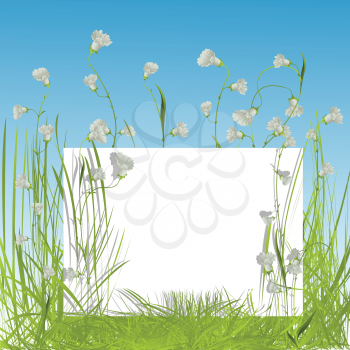 Empty, editable white sign with flowers and grass over blue background. No mesh or transparencies used, easy to edit graphic