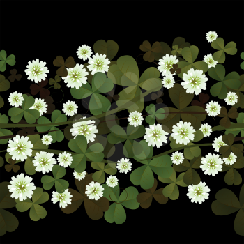 Seamless pattern with clover leaves and flowers over black