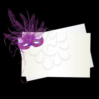 Mardi Gras purple mask and card over black background
