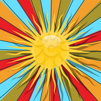 Retro style graphic with sun and rays in colors, abstract art.