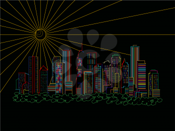Stylized skyscrapers silhouettes over black background, abstract art illustration