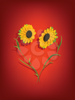 Decorative background with sunflowers forming a heart shape. Transparency effect and mesh gradient used.