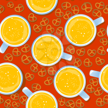 Seamless pattern for Oktoberfest german holiday with beer mugs and pretzels.