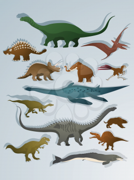 Collection of dinoasurs and ancient animals cartoon drawing set.