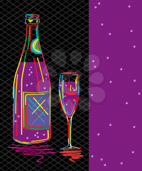 Decorative text card, party invitation with stylized champagne bottle and glass.